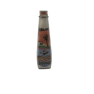 Vintage Sand Art Bottle Desert Oasis Palm Tree Bird Scene Glass Folk Art Souveni